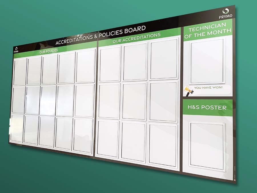 Accreditations and Policies board with document holders
